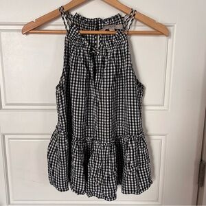 LOFT Black and White Gingham Ruffle Halter Top